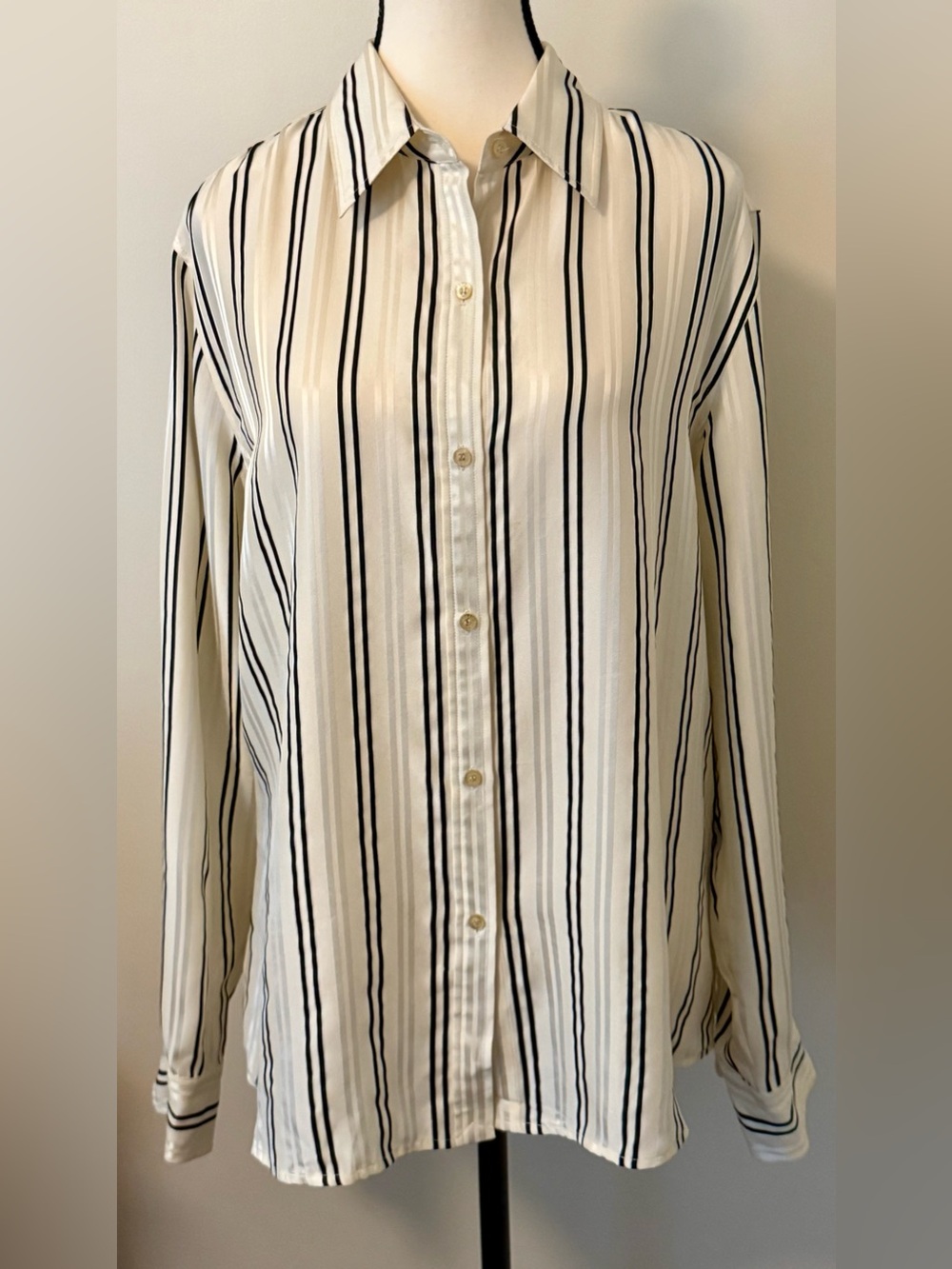 Ralph Lauren Cream Silk Blouse with Black Vertical Stripes